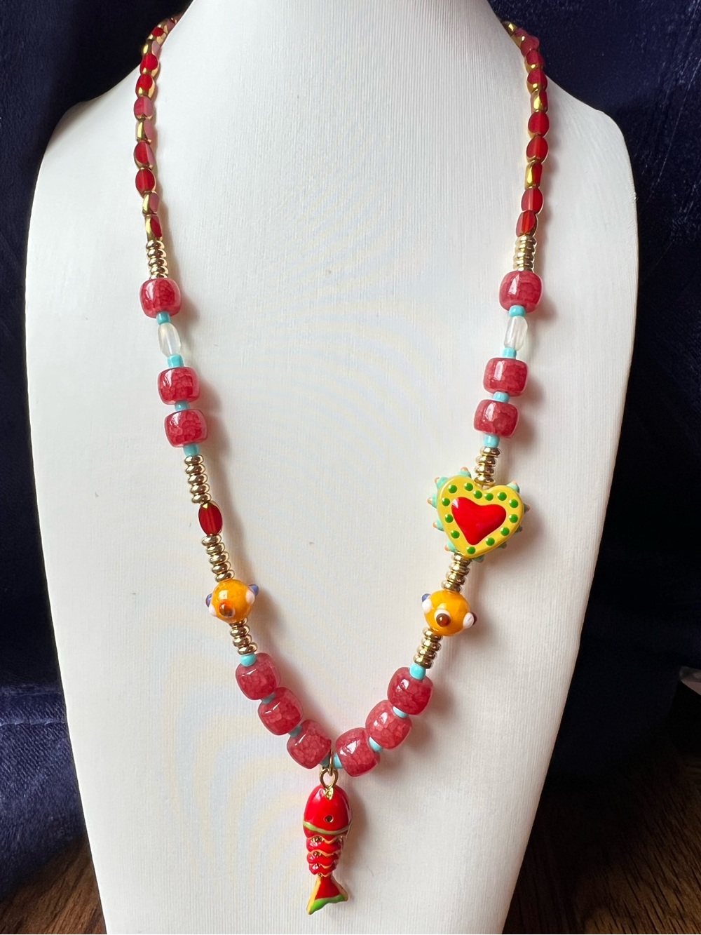Red Beaded Resin Necklace with Fish and Heart Charms NWOT